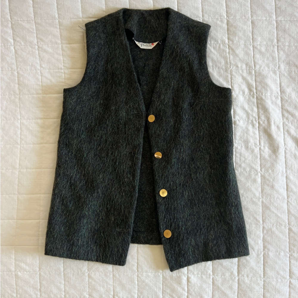 Personal Mohair Knit Vest Women 34 Grey Gold Button Vintage ILGWU Cardigan Layer